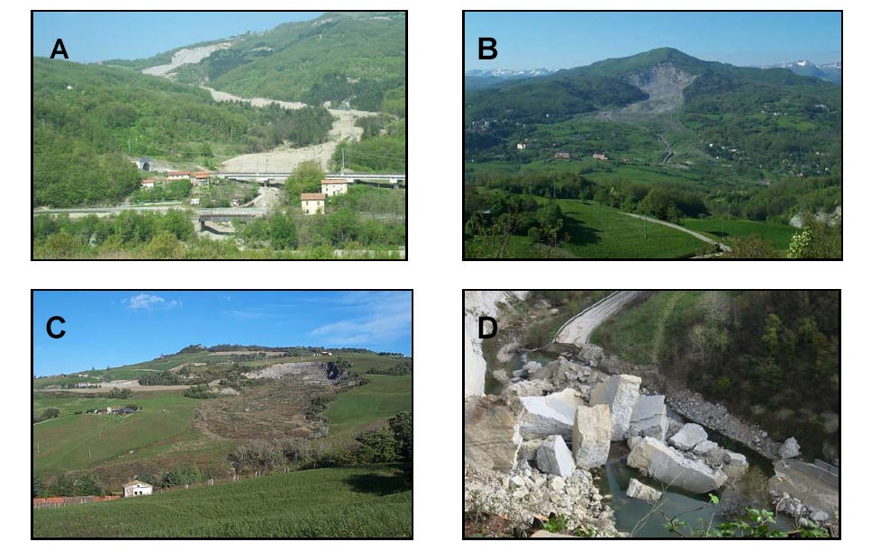 Some examples of landslide types in Emilia-Romagna: a: Slow earth flow in Solignano village (PR); b: Complex landslide in Corniglia village (PR); c: Roto-translational slide in Civitella village (FC); d: Rockfall in Monzuno village (BO.)