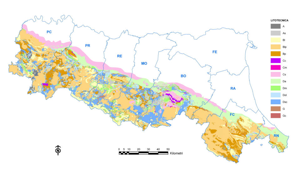 Fig. 4 - Lithotechnical map. A: massive rocks; As: stratified massive rocks; Bl: massive /pelitic alternations  with L/P>3; Blp: massive /pelitic alternations  with 0.3<L/P<3; Bp: massive /pelitic alternations  with L/P< 0.3; Cc: clast-supported  conglomerates ; Cm: matrix-supported  conglomerates; Cs: weakly cemented sands; Da: consolidated clays; Dm: Marls; Dol: olistostromic clays; Dsc: Tectonized clays and argillites; G: Gypsums; Gc: Gypsums in chaotic deposits