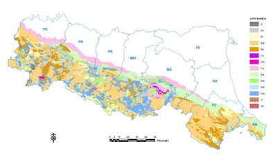 Fig. 4 - Lithotechnical map. A: massive rocks; As: stratified massive rocks; Bl: massive /pelitic alternations  with L/P>3; Blp: massive /pelitic alternations  with 0.3<L/P<3; Bp: massive /pelitic alternations  with L/P< 0.3; Cc: clast-supported  conglomerates ; Cm: matrix-supported  conglomerates; Cs: weakly cemented sands; Da: consolidated clays; Dm: Marls; Dol: olistostromic clays; Dsc: Tectonized clays and argillites; G: Gypsums; Gc: Gypsums in chaotic deposits