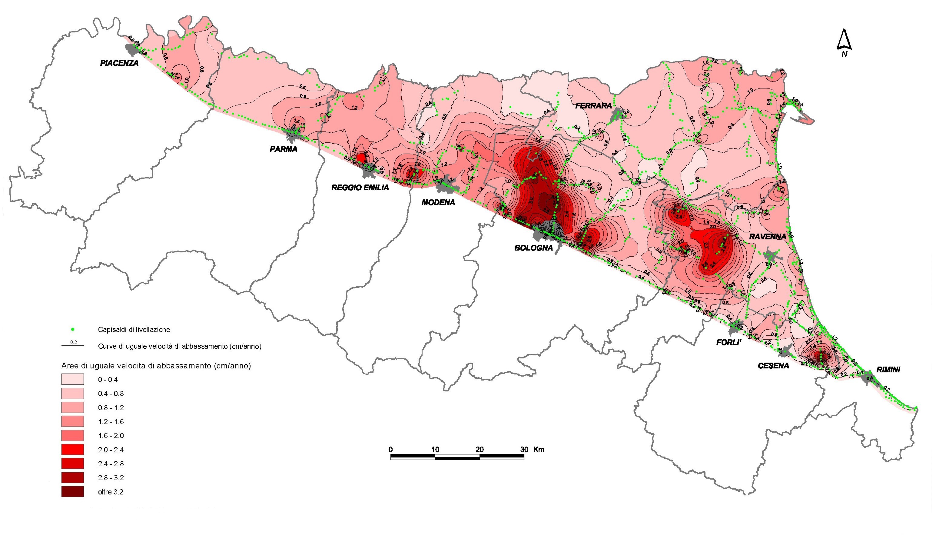 Mappa della velocità di abbassamento dovuto alla subsidenza