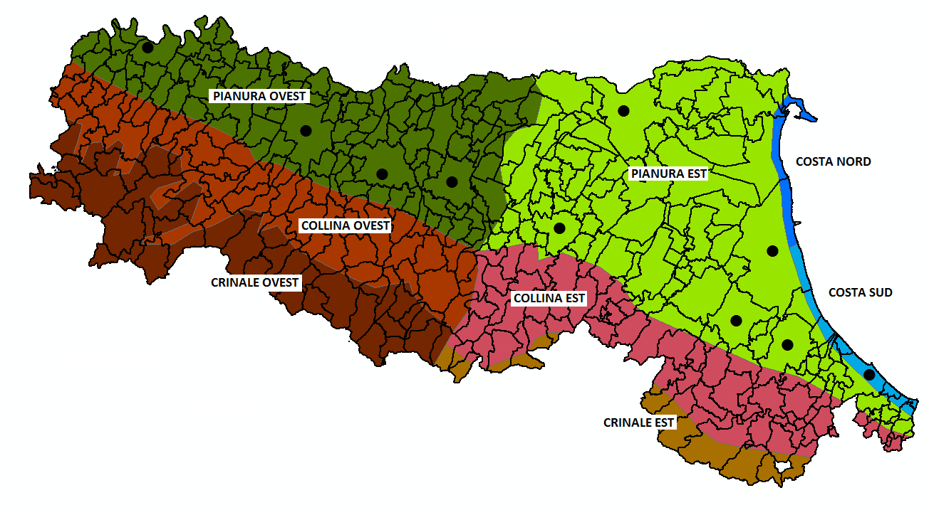 Suddivisione in aree omogenee: area pianura est, area pianura ovest, area collina est, area collina ovest, area crinale est, area crinale ovest, area costa nord e area costa sud