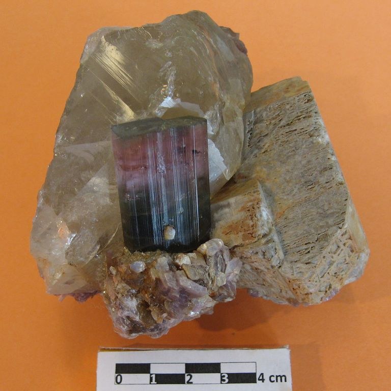 Tormalina, cristallo policromo in Quarzo con Lepidolite