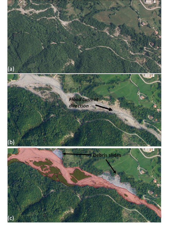 Figura 4 - Esempio di rimozione della copertura vegetale lignea lungo l’alveo del torrente Nure. Le aree erose sono indicate in rosso