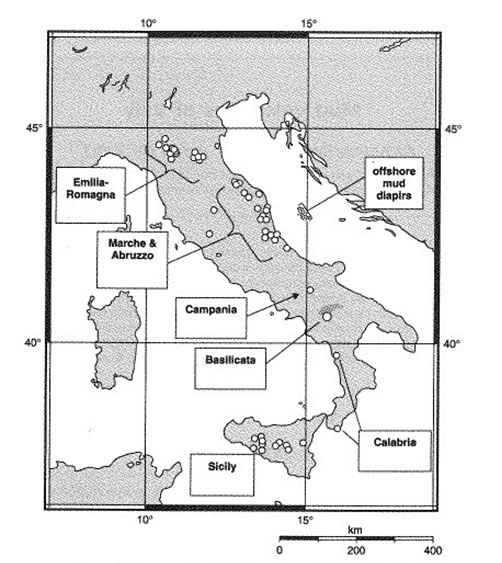 I raggruppamenti di “mud volcanoes” in Italia, da Martinelli e Judd