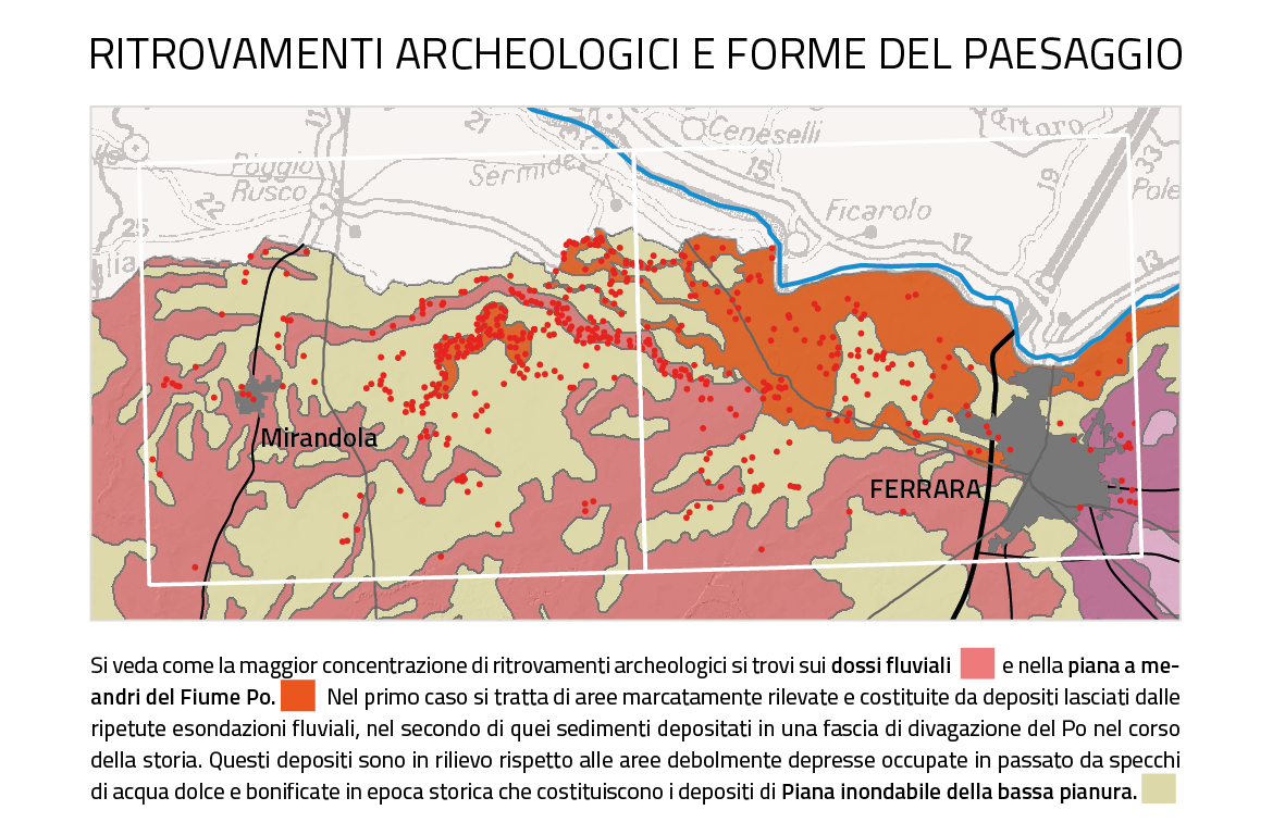 localizzazione dei ritrovamenti archelogici nei fogli 184 e 185: sono prevalenti lungo i dossi fluviali e e nella piana a meandri del Po