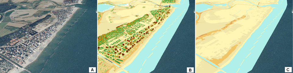 Esempio di rappresentazione 3D del tratto di costa a sud della Foce del Savio. A) Foto aerea, B) Modello Digitale di Superficie (DSM), C) Modello Digitale del Terreno (DTM).
