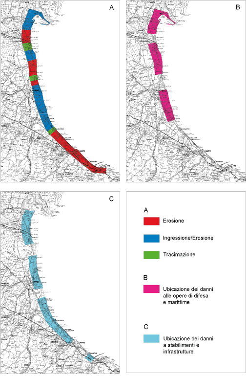 Carte di sintesi degli impatti storicamente ricorrenti nei vari tratti costieri del litorale emiliano - romagnolo