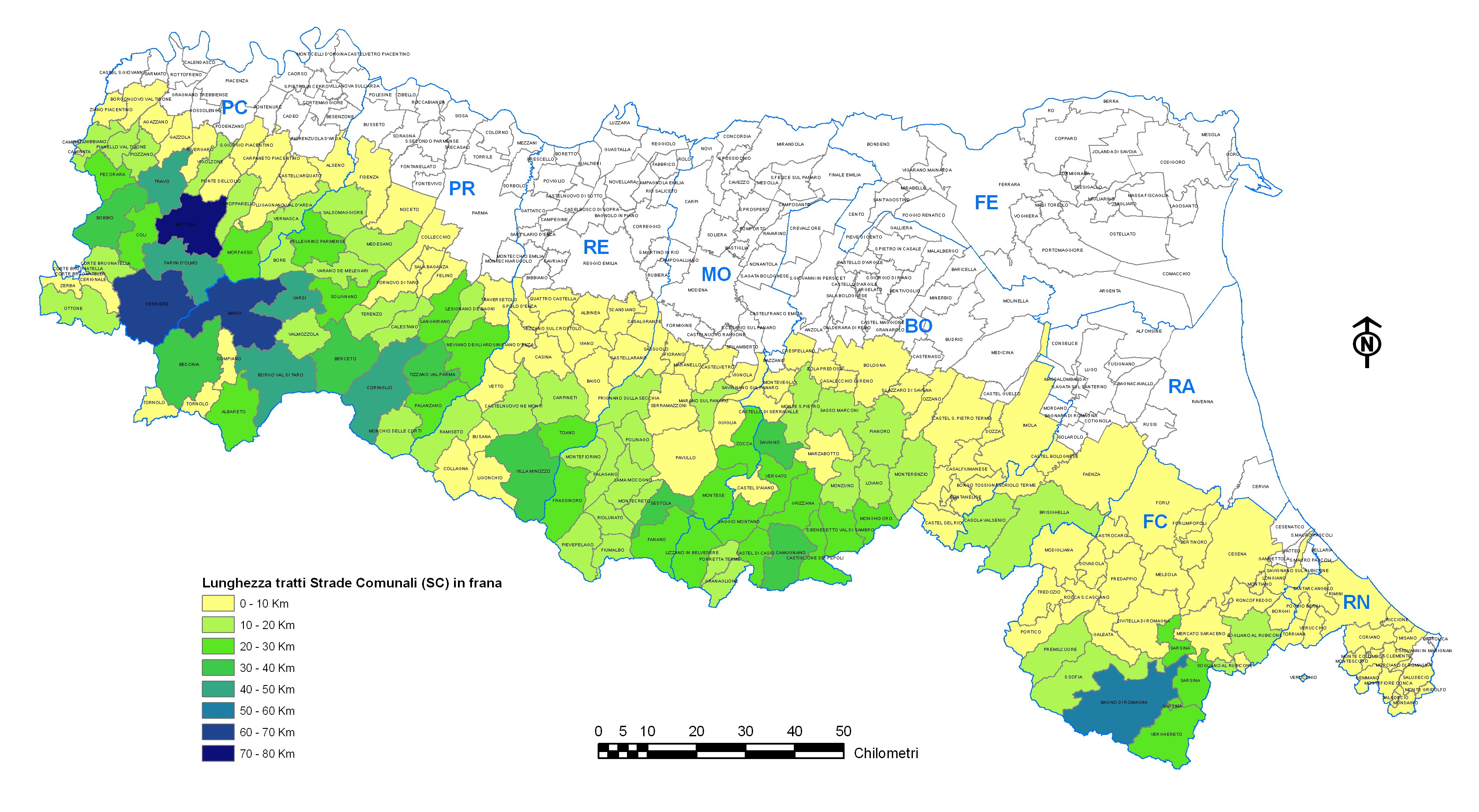 Figura 35 - Classificazione dei Comuni per lunghezza delle strade comunali in frana presenti su ogni comune 