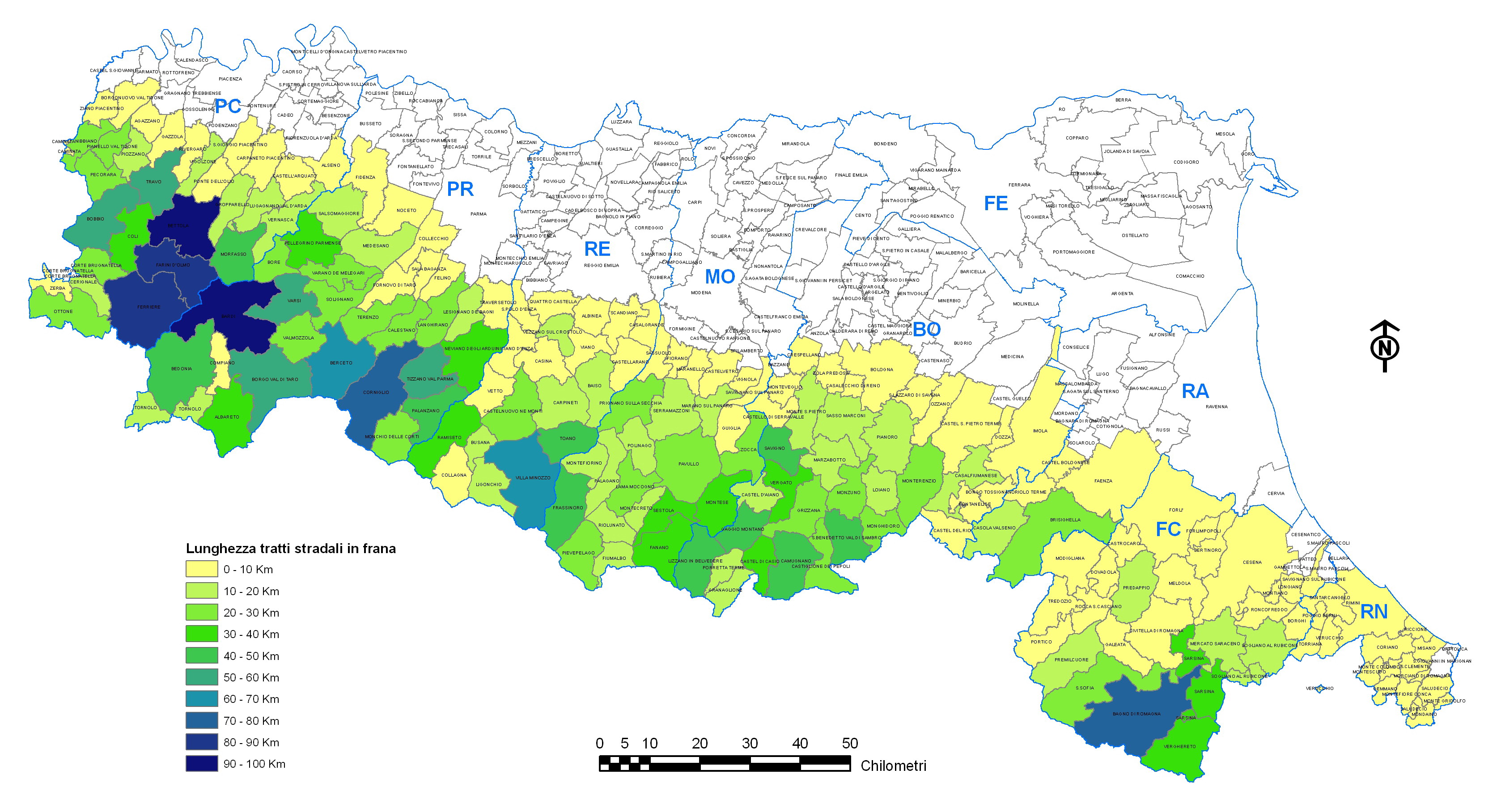 Figura 34 - Classificazione dei Comuni per lunghezza dei tratti stradali in frana presenti su ogni comune 