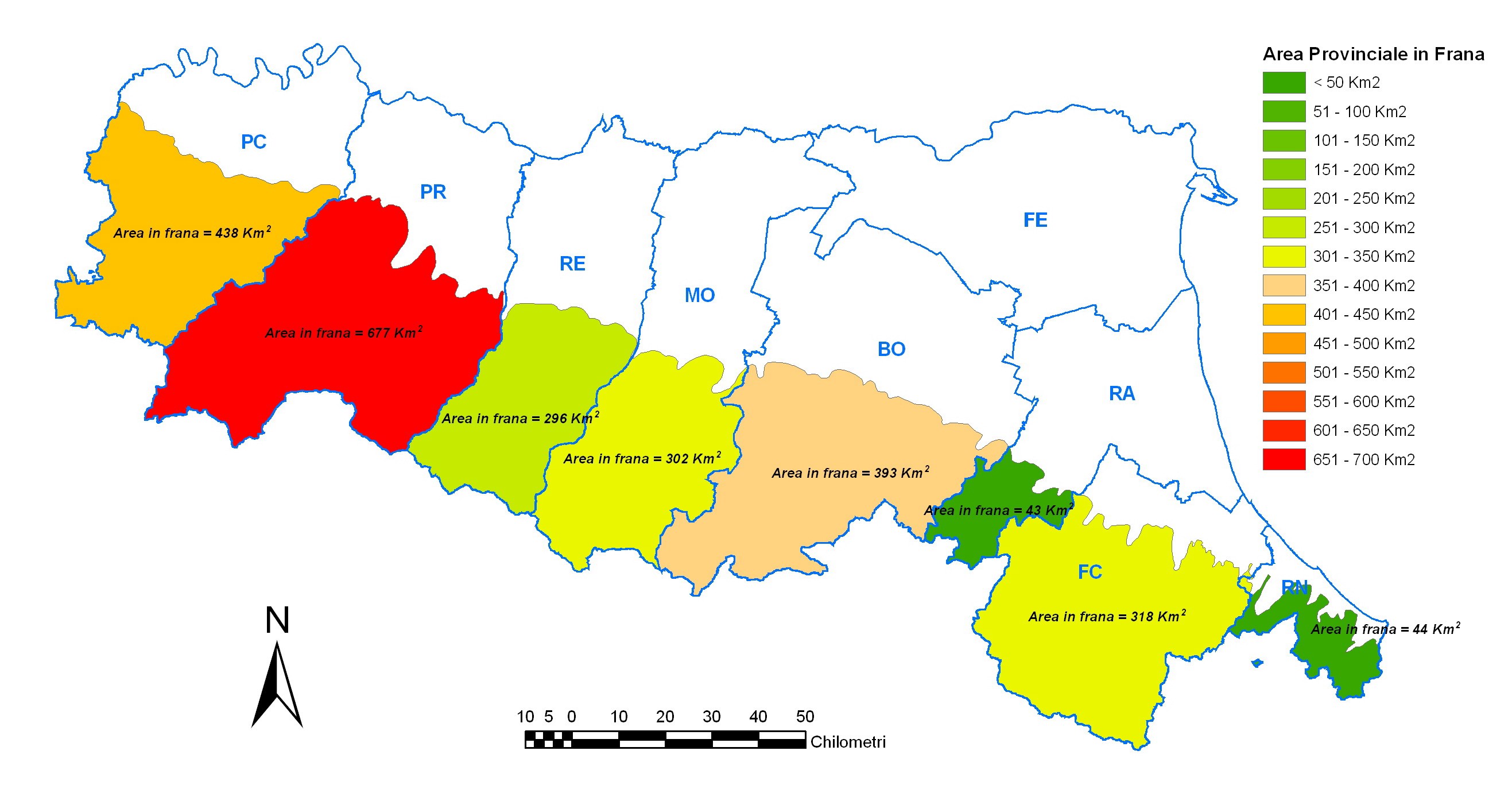 Figura 3 - Area interessata da frane nelle singole province