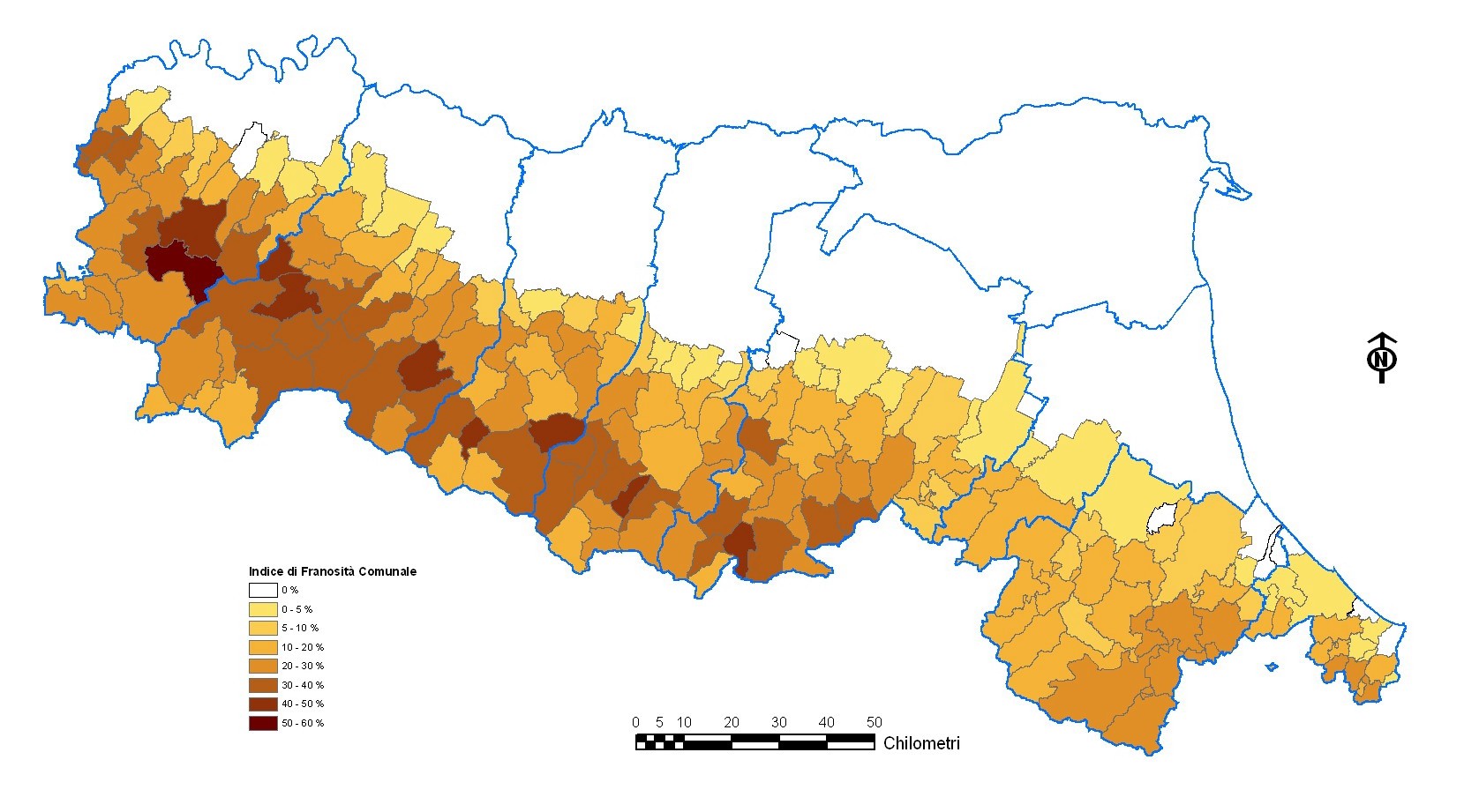 Figura 7 - Classificazione dei Comuni per Indice di franosità