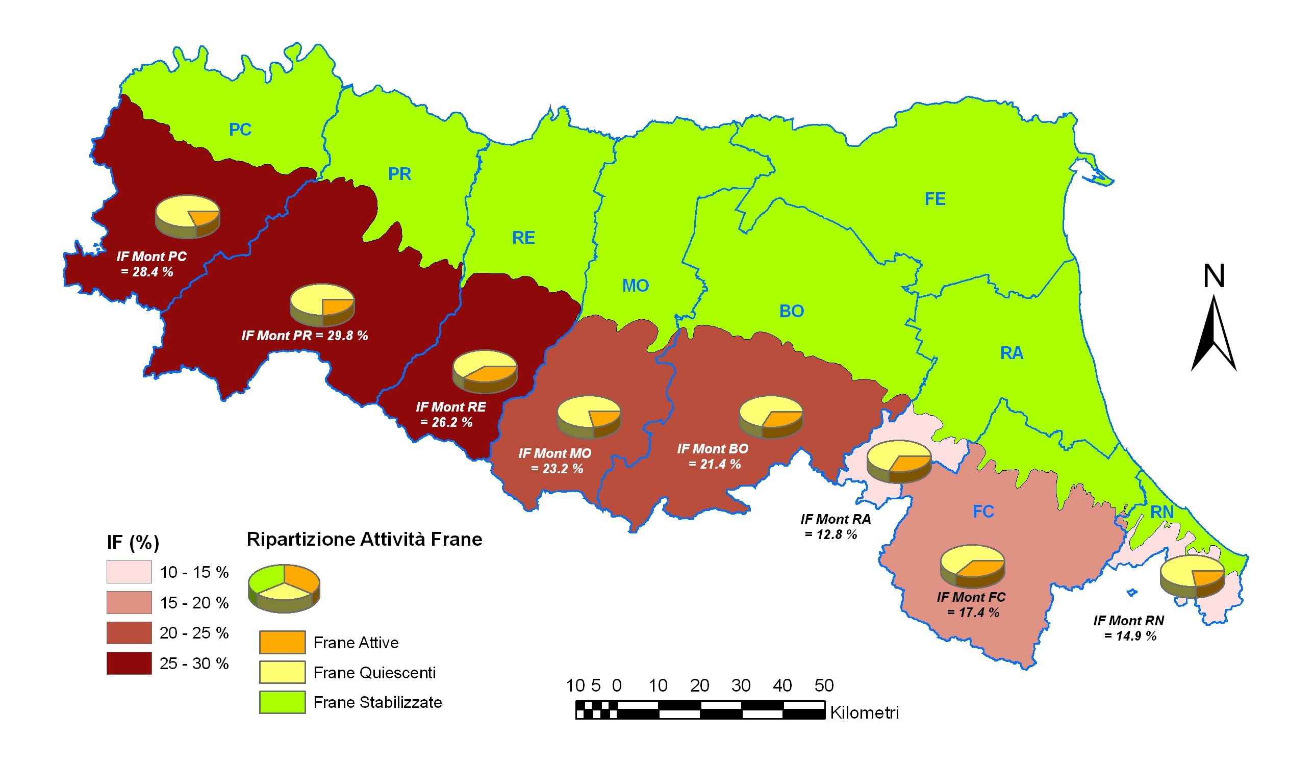 Figura 2 - Classificazione delle Province per Indice di franosità dell'area collinare e montana e suddivisione dei dissesti per stato di attività