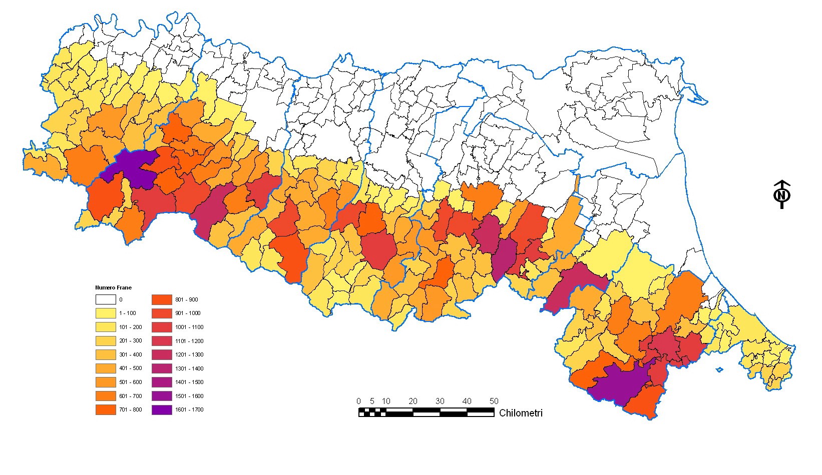Figura 6 - Classificazione dei Comuni per numero di frane