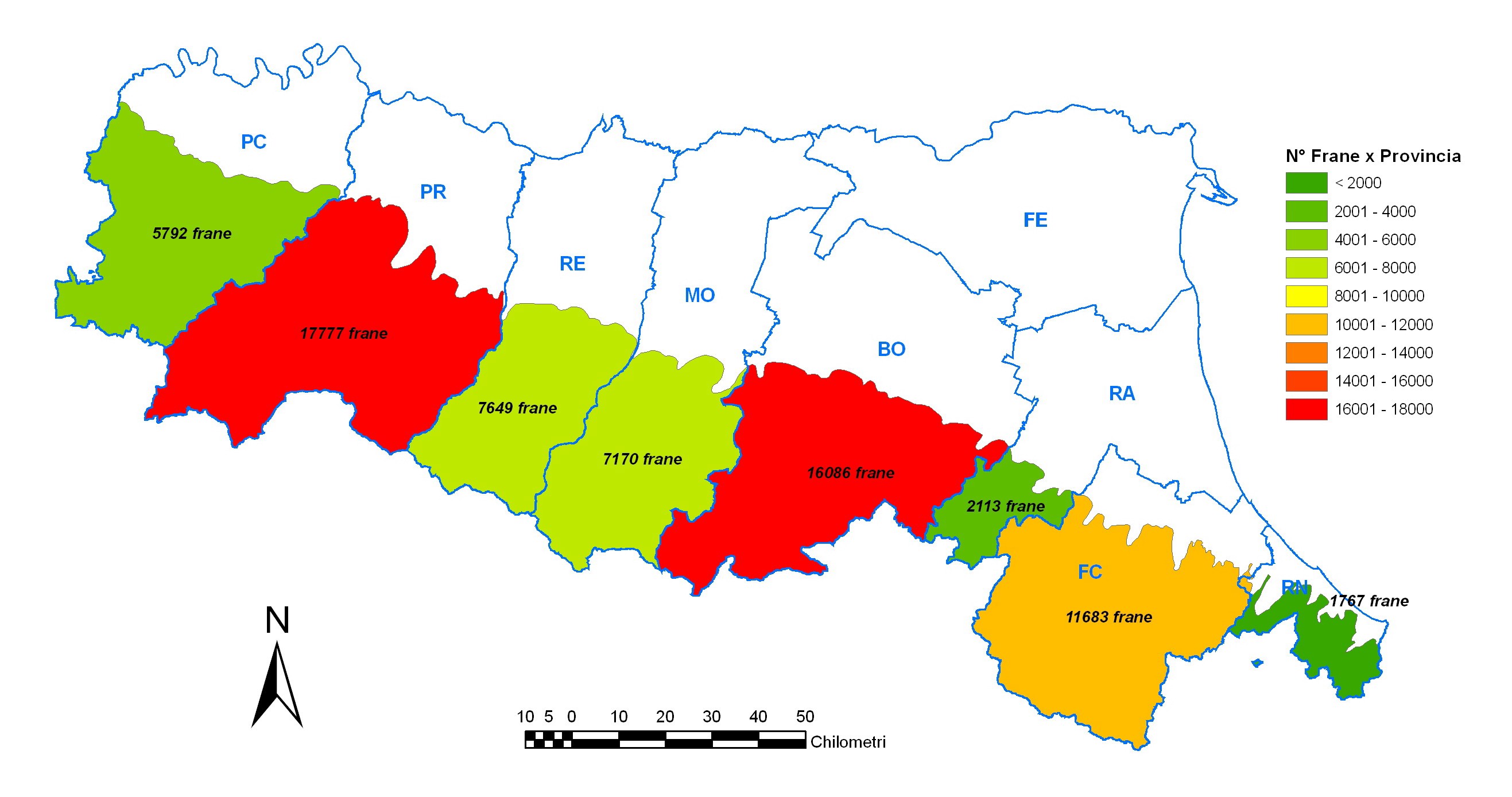 Figura 4 - Numero di frane per provincia, suddiviso per Stato di Attività 