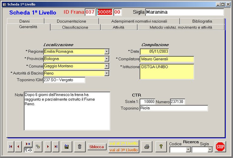 Esempio di schermata del database alfanumerico del Progetto IFFI: le generalità della frana