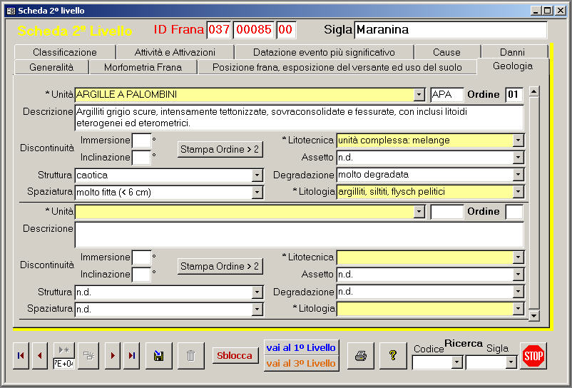 Esempio di schermata del database alfanumerico del Progetto IFFI: la geologia del fenomeno franoso 