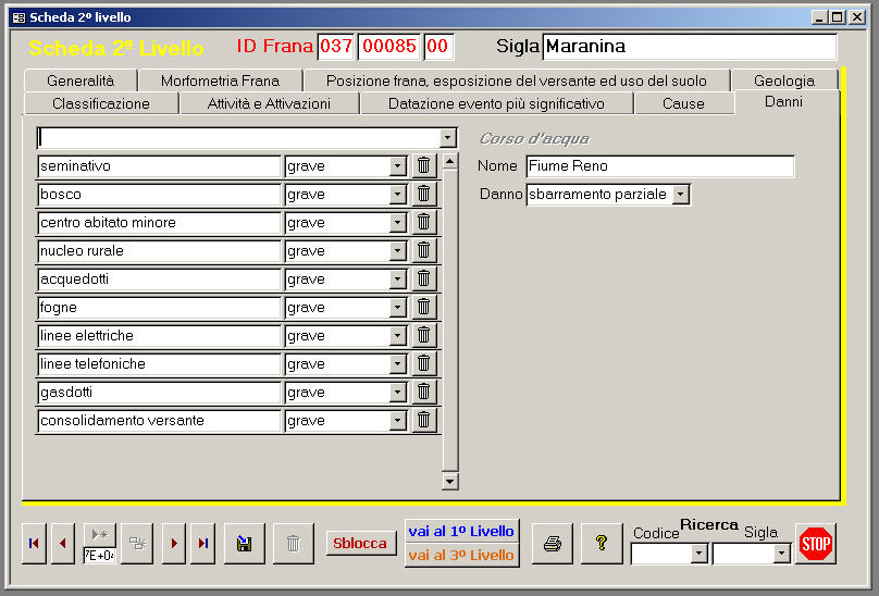 Esempio di schermata del database alfanumerico del Progetto IFFI: i danni