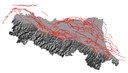 Le principali strutture tettoniche (in rosso) che costituiscono il proseguimento della catena appenninica al di sotto dei sedimenti della Pianura Padana