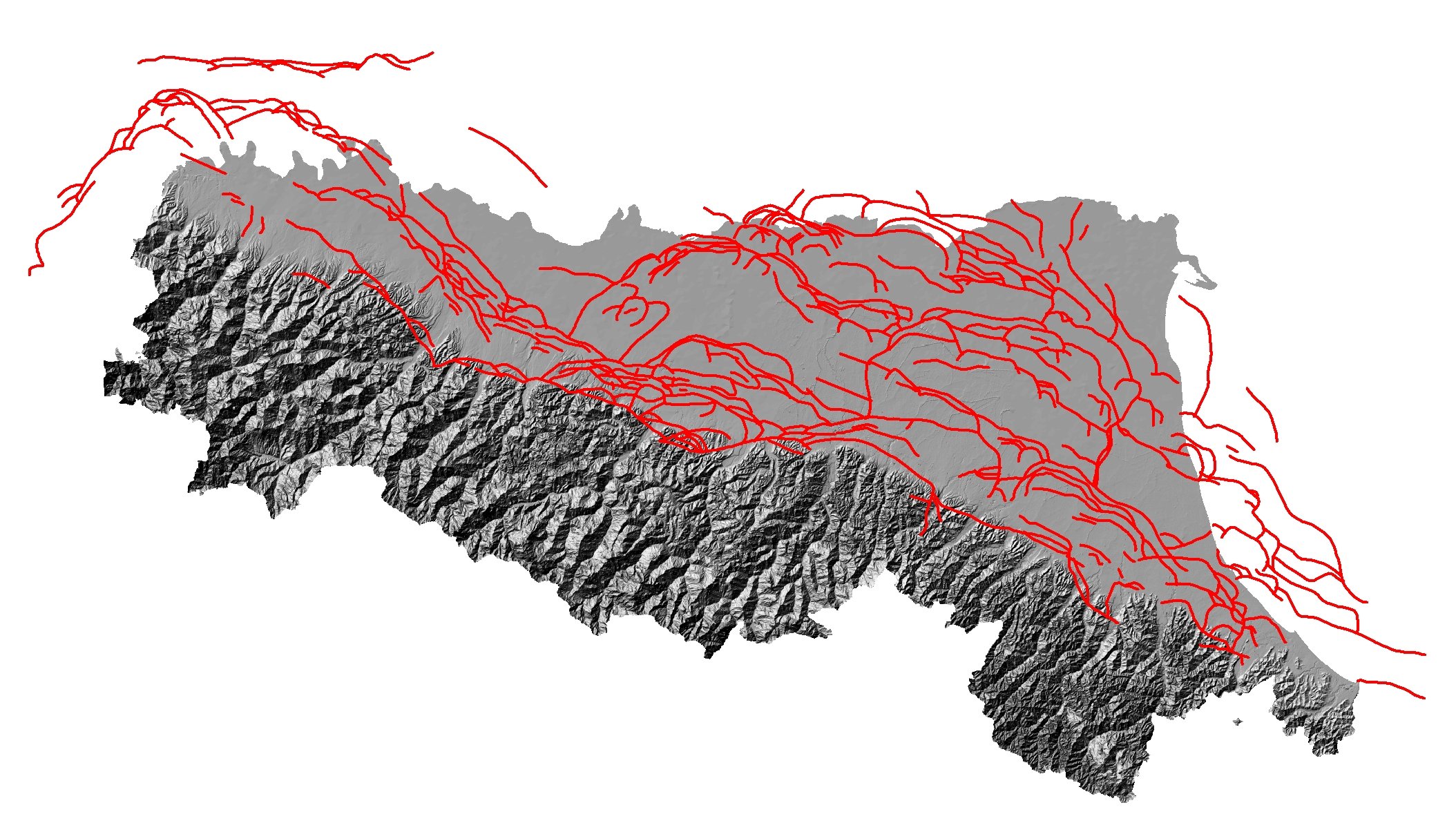 Le principali strutture tettoniche (in rosso) che costituiscono il proseguimento della catena appenninica al di sotto dei sedimenti della Pianura Padana