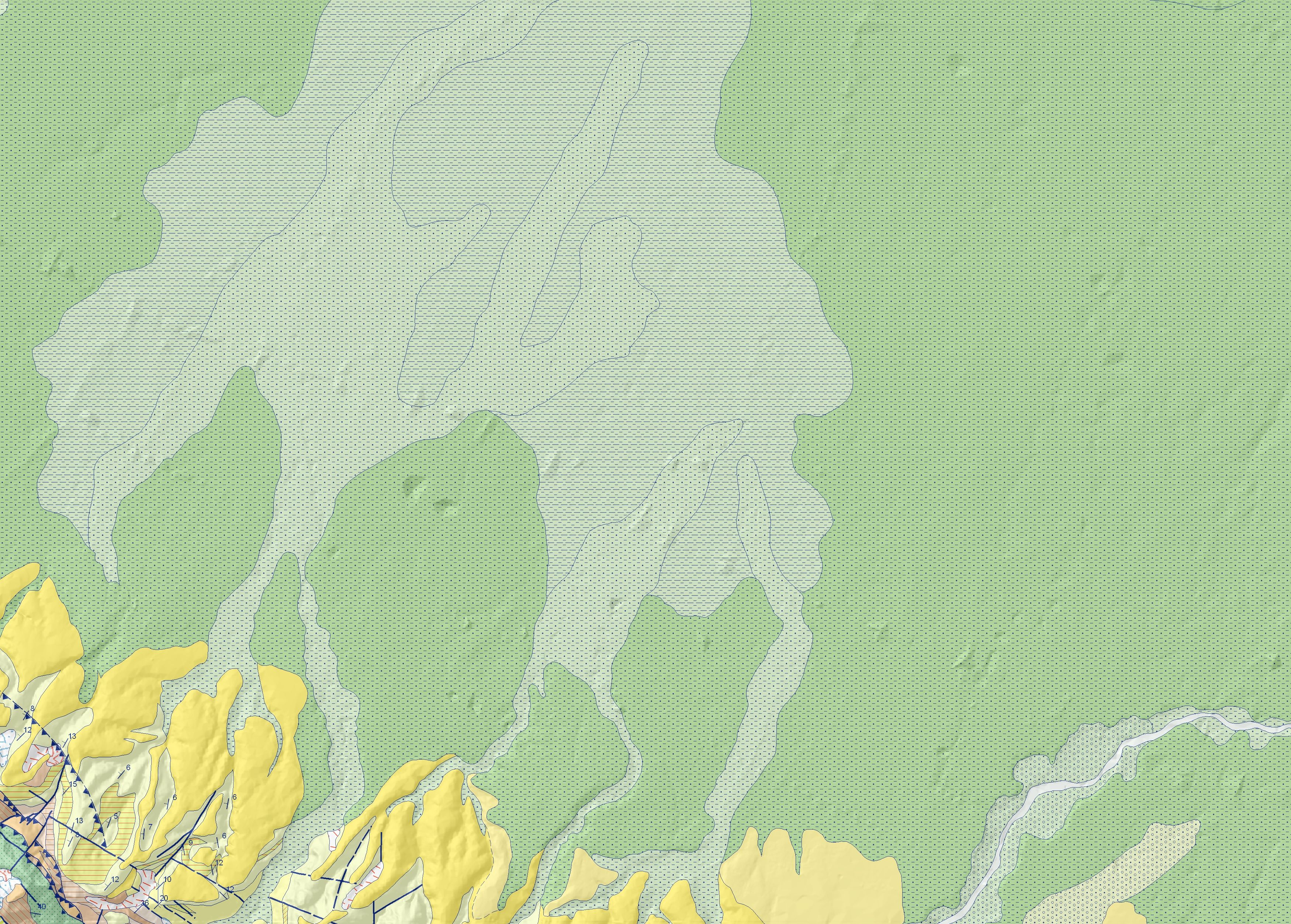 Carta geologica di superficie. In giallo i depositi marini e continentali Plio-Pleistocenici del margine appenninico, in verde i depositi della pianura Olocenica