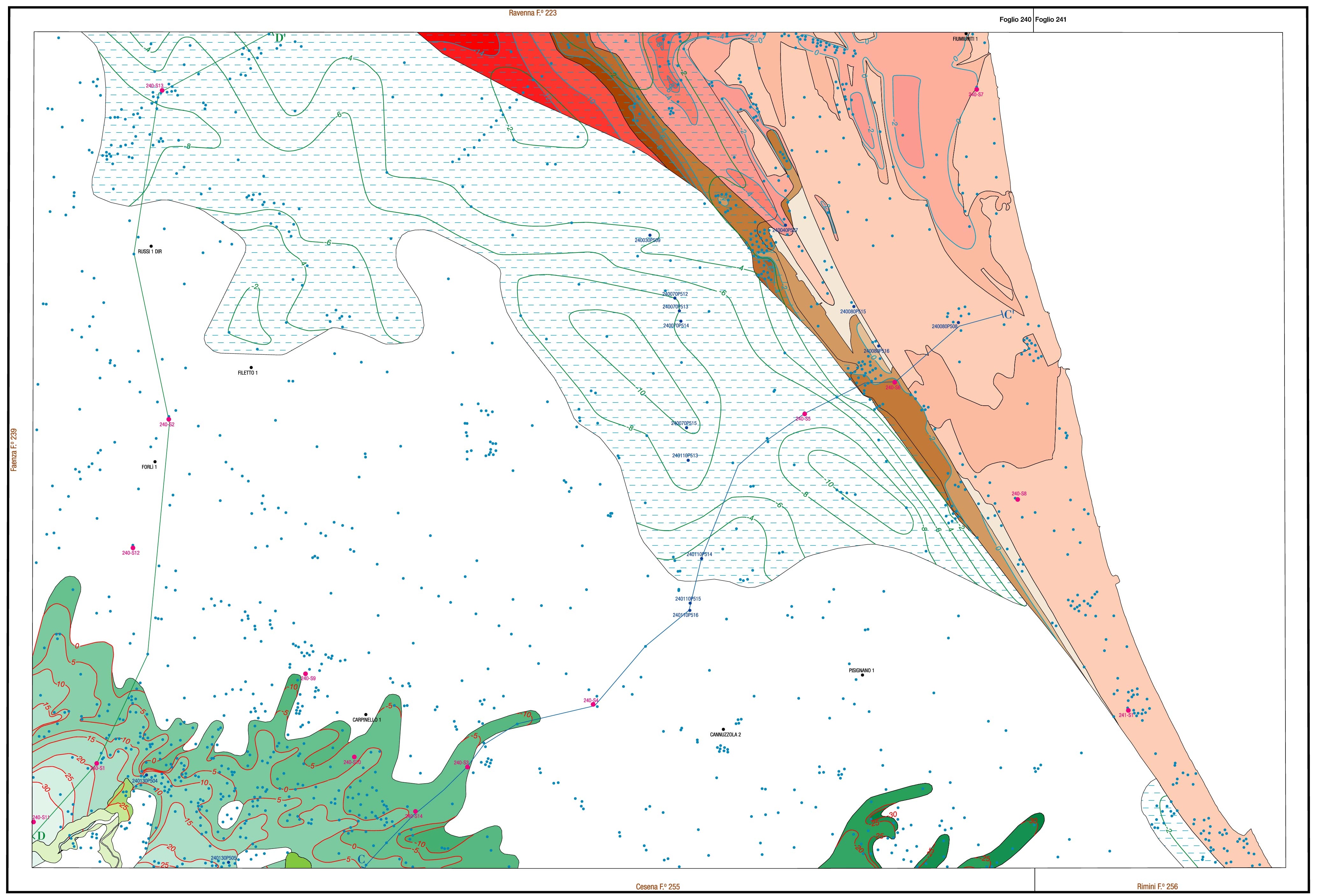 Carta geologica di sottosuolo (pianura costiera). Verde: ghiaie di canale fluviale, rosso e marrone: sabbie e ghiaie di cordone litorale, retino: argille organiche di palude-laguna