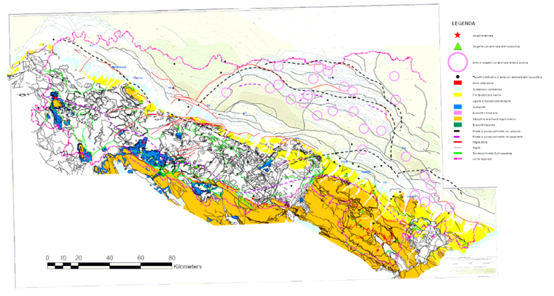 Fig. 1 - Carta di sintesi che mette a confronto i principali elementi tettonici della regione, sia unità che strutture, e la localizzazione di acque calde