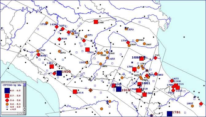 Carta degli epicentri dei terremoti della Regione Emilia-Romagna per classi di magnitudo (CPTI, 1999)