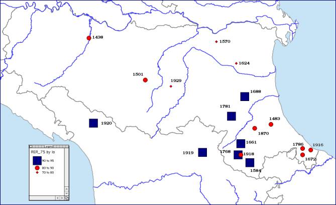 Vengono riportate le rappresentazioni cartografiche dei campi macrosismici (quali "piani quotati in intensità") dei terremoti sopraelencati, anche per un confronto relativo tra gli stessi