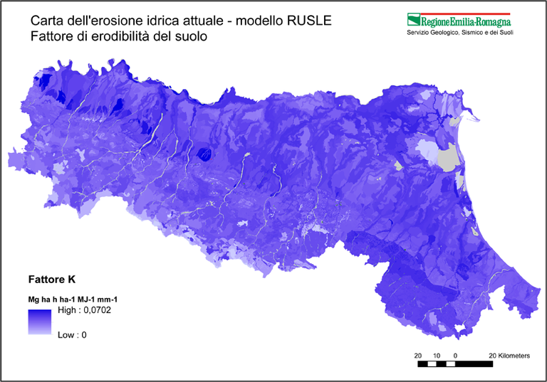 Carta dell'erosione idrica attuale - modello RUSLE Fattore di erodibilità del suolo