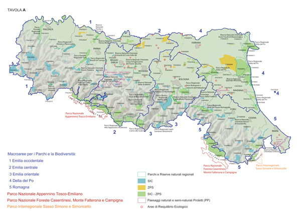 Mappa della Regione Emilia-Romagna: Macroaree per i Parchi e la Biodiversità