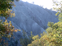 foto:i calanchi del Rio Cavallaccio visti da S.Martino espongono un interessante spessore di rocce marnose di colore grigio chiaro conferenti livelli di ceneri vulcaniche riferite alla formazione di Ranzano - autore E.Ferrari