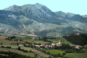 foto: versante orientale della Riserva dominato dalla possente mole ofiolitica di Monte Prinzera.In basso l'antico borgo di Bardone sulla via Francigena - autore A.Saccani