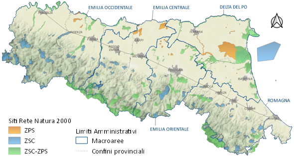 Mappa della Regione Emilia-Romagna con i siti Natura 2000 indicati in diversi colori a seconda della tipologia di sito: ZPS, ZSC e ZSC-ZPS.