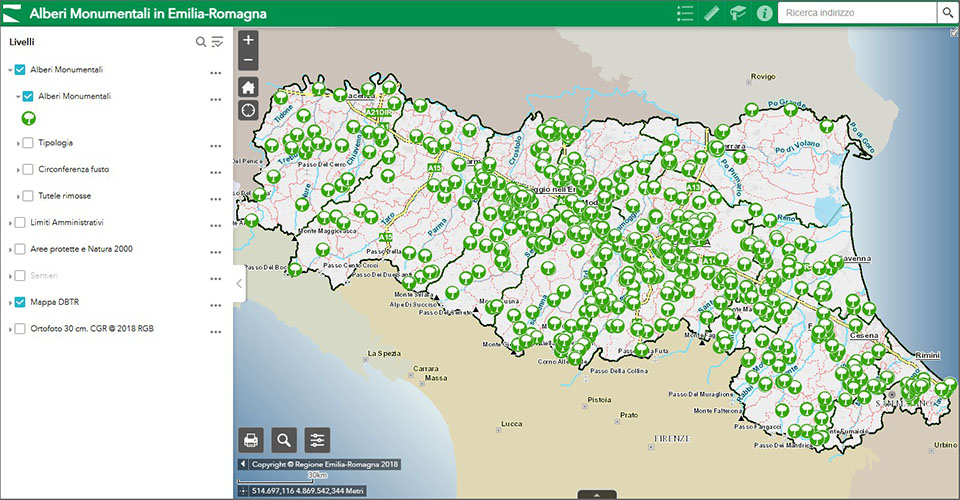 Homepage del webGis degli alberi monumentali della Regione Emilia-Romagna