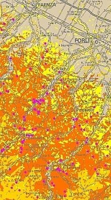 Stralcio di mappa da tematismo forestale visualizzato sulla Carta Tecnica Regionale. Particolare della carta d'analisi del rischio per la pianificazione antincendio. Elaborazione Servizio Parchi e Risorse forestali