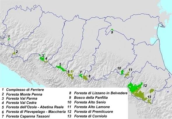 Mappa dei complessi forestali demaniali della regione Emilia-Romagna