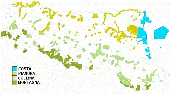 Rappresentazione schematica dei 153 siti di Rete Natura 2000 distribuiti in base alla fascia morfo-altitudinale d'appartenenza: 19 si trovano presso la costa, 47 in pianura (proporzionalmente la fascia più estesa ma anche la più povera di siti), 62 in collina e ambienti submontani al di sotto degli 800 m di quota e 25 in montagna. Sistema informativo del Servizio Parchi e Risorse forestali della Regione Emilia-Romagna