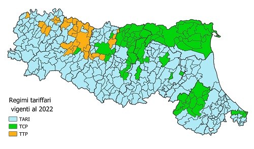 Mappa della distribuzione dei Comuni a tariffa puntuale in Emilia-Romagna nel 2022
