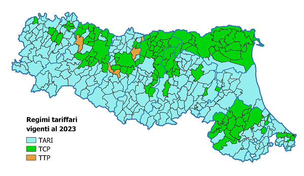 Mappa della distribuzione dei Comuni a tariffa puntuale in Emilia-Romagna nel 2022