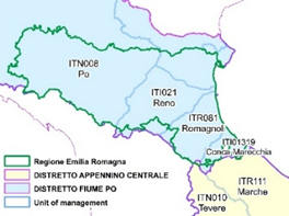 carta Regione Emilia-Romagna nei Distretti idrografici Fiume Po e Appennino Centrale