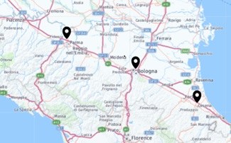 cartina della regione con evidenza di Cesena Parma Bologna