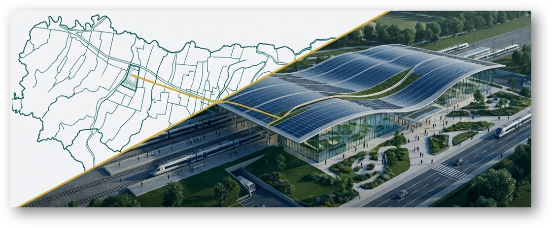 immagine decorativa cartografia e stazione ferroviaria ecosostenibile